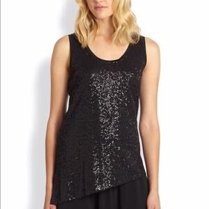 Eileen Fisher Black Sequin Asymmetric Scoop Neck Silk Tank Top XS